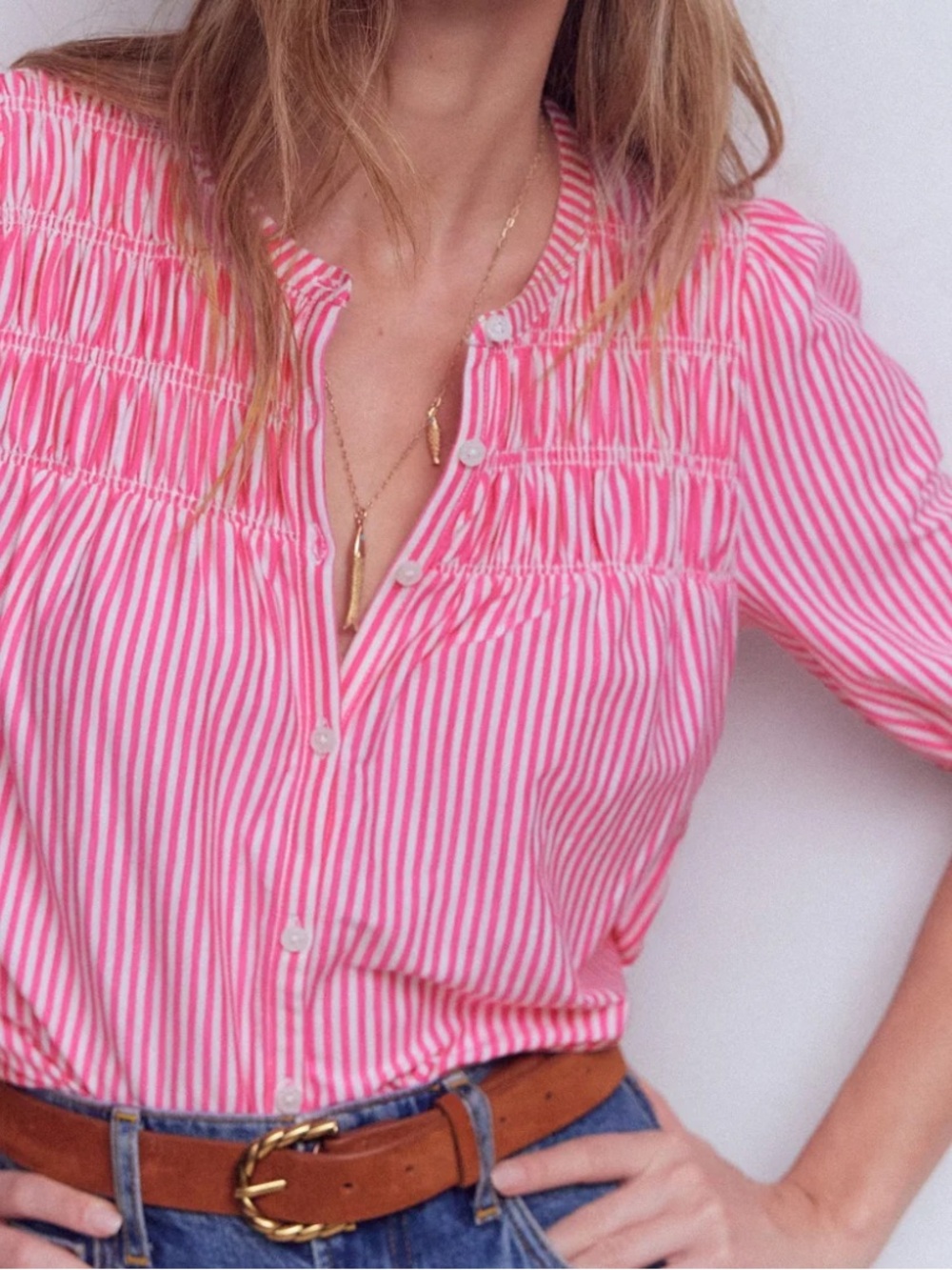 Boden Mya Short Sleeve Smocked Shirt Cotton Tencel Pink Punch Ivory Stripe 6 - Picture 3 of 16